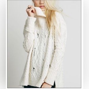 Free People Wool Blend Complex Cable Cowl Neck Sweater Ivory | S